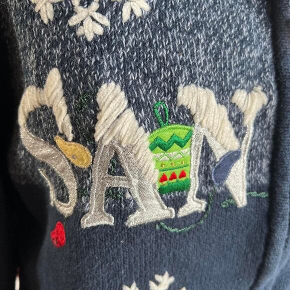 Navy blue vintage Christmas Zip Up Sweater with Santa Claus & snowflakes - Picture 7 of 8